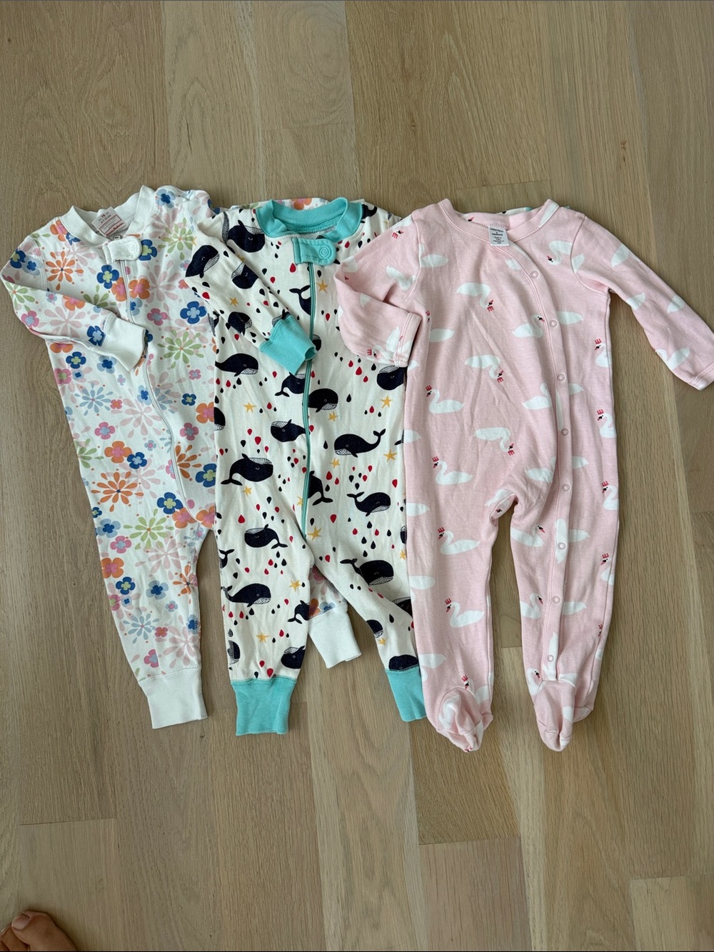 Hanna Andersson Multicolor Floral, Whale & Pink Swan Footed One-Pieces